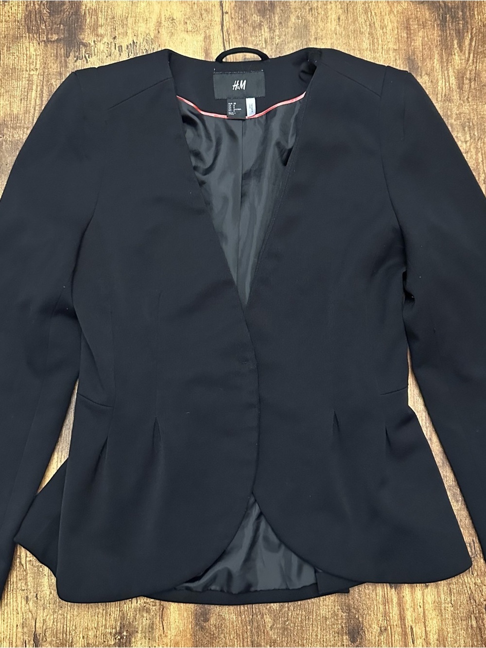H&M Women's Black Peplum Tailored Blazer Collarless Open Front - 8